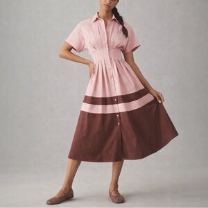 Exquise Anthropologie Tobie Shirt Dress Sz SP Pink Colorblock Button Front Midi